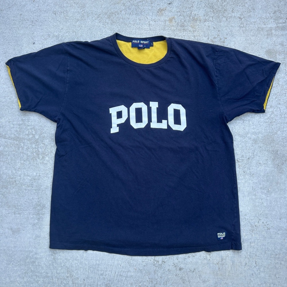 Polo Sport Ralph Lauren Shirt Mens Large Navy Blue Vintage 90s Spellout Cotton L